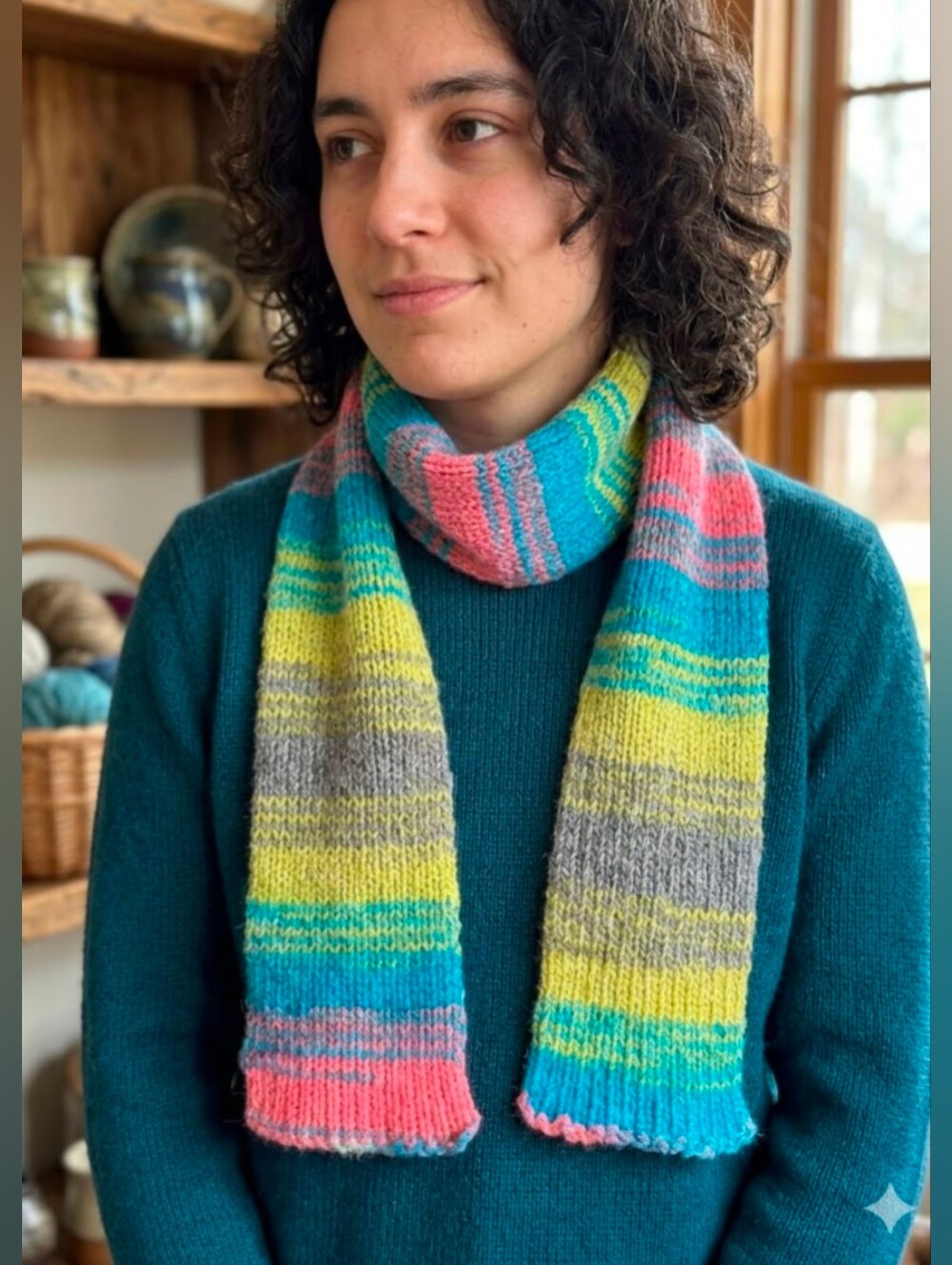 Hand Knit Wool Blend Striped Skinny Scarf Pink Olive Aqua